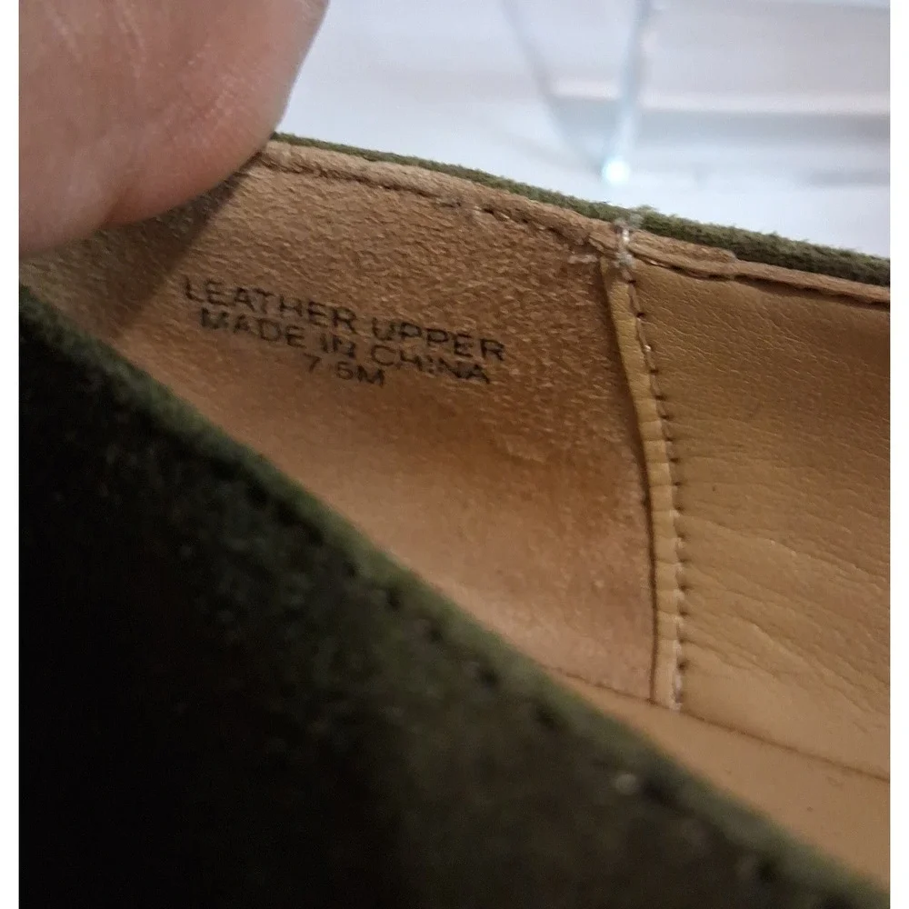 Talbots Olive Green Suede Pointed Toe Loafers Gold Button Red Trim Flats 7.5M